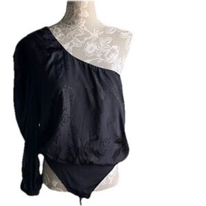 Misa Los Angeles One Shoulder Bodysuit Black Long Sleeve Floral Jacquard Blouse